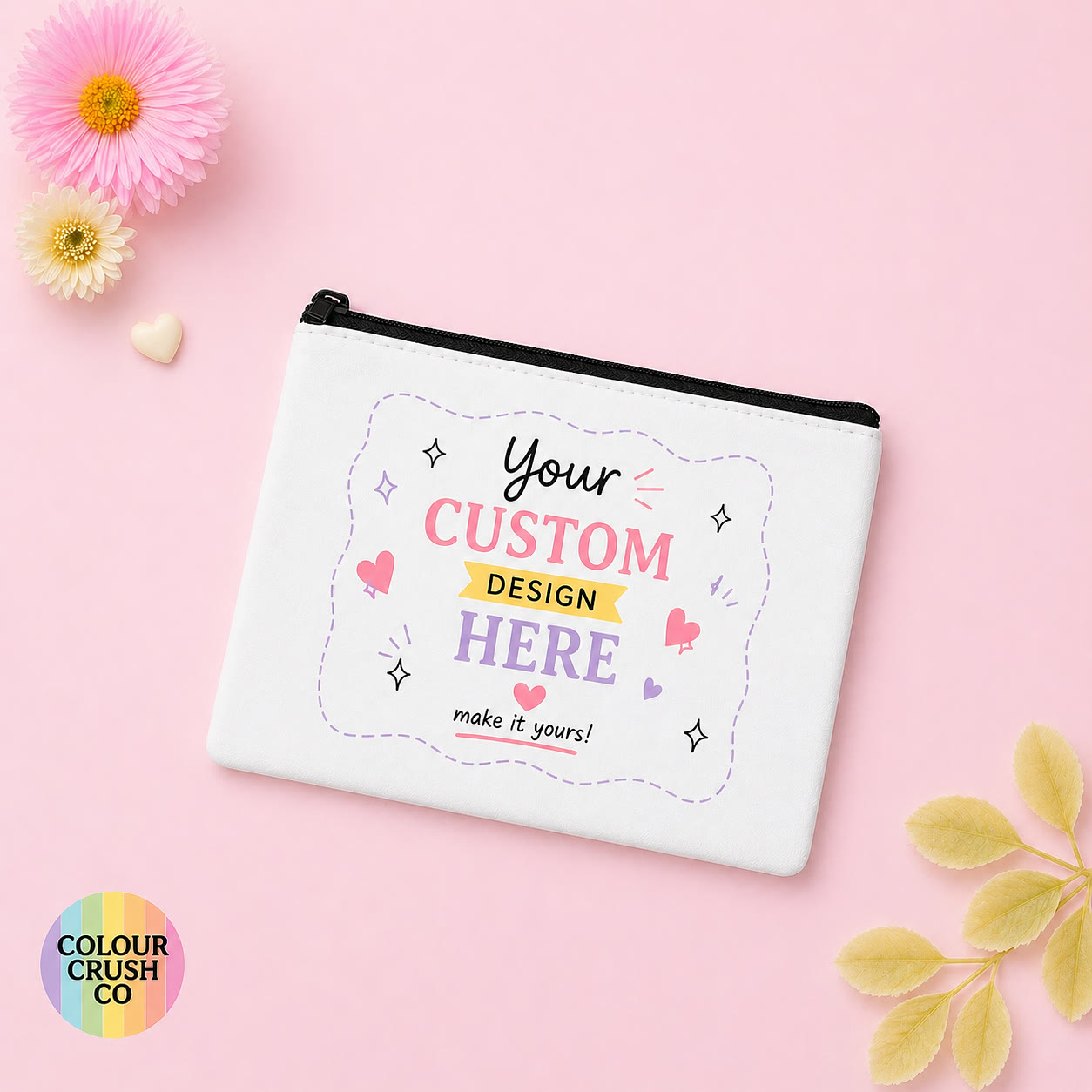 Personalized pouch product mockup showing where a customer name, artwork, quote, or custom design can be printed