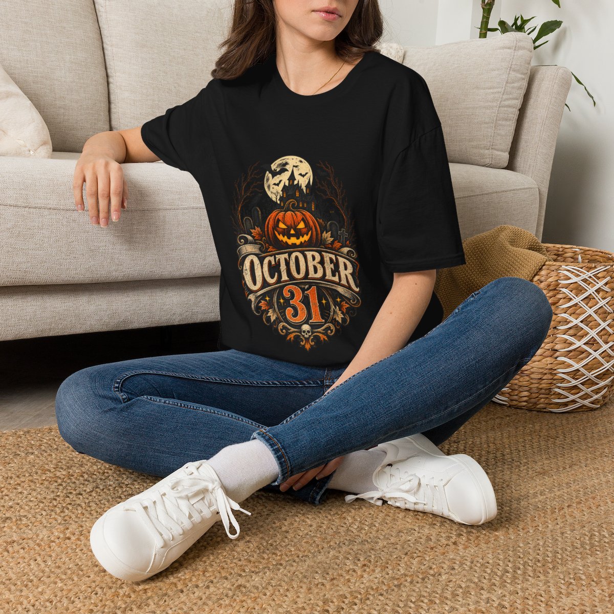 Model wearing the October 31 Halloween T-Shirt in black, from Colour Crush's Halloween t-shirt collection